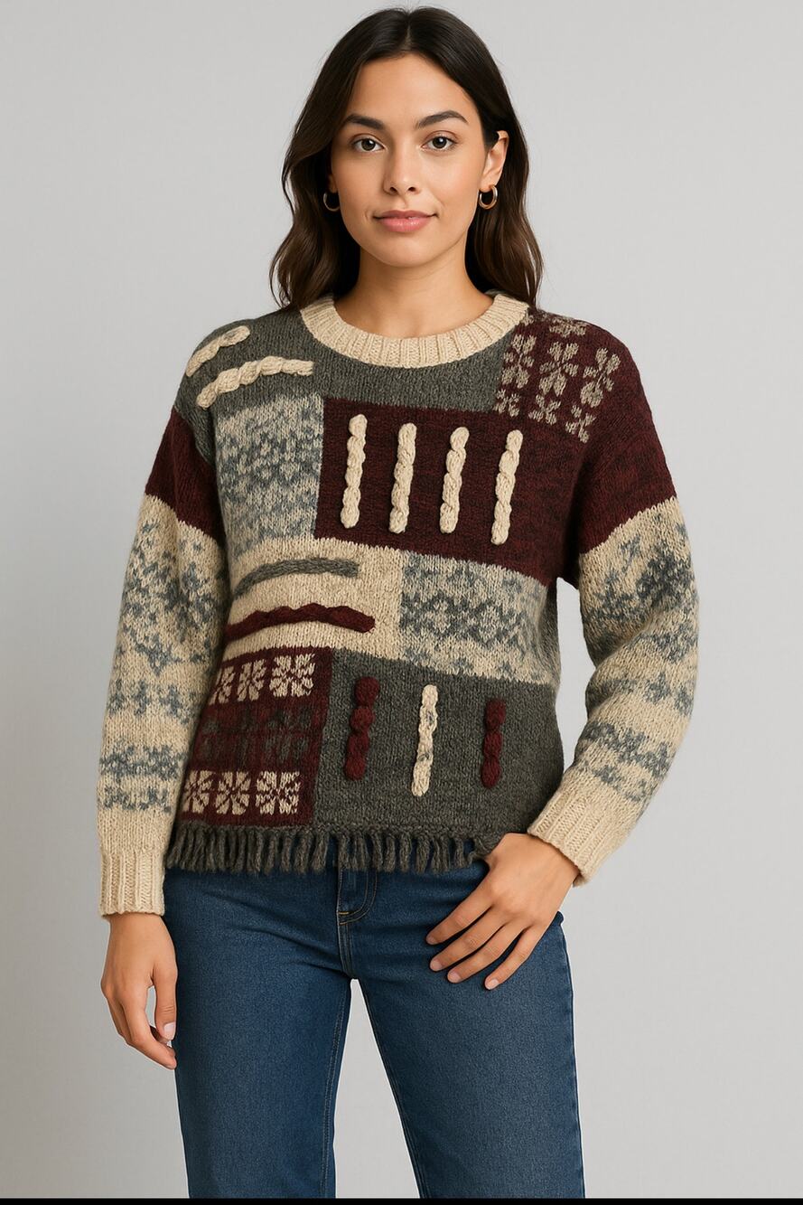 Rebecca Stone Patchwork Chunky Knit Sweater Women’s L Multicolor Boho 90s